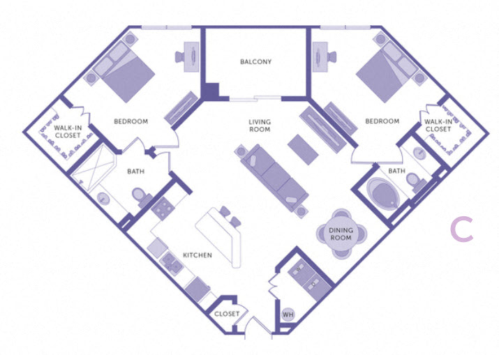 Floor plan for 2 beds, 2 baths, 1135 sqft